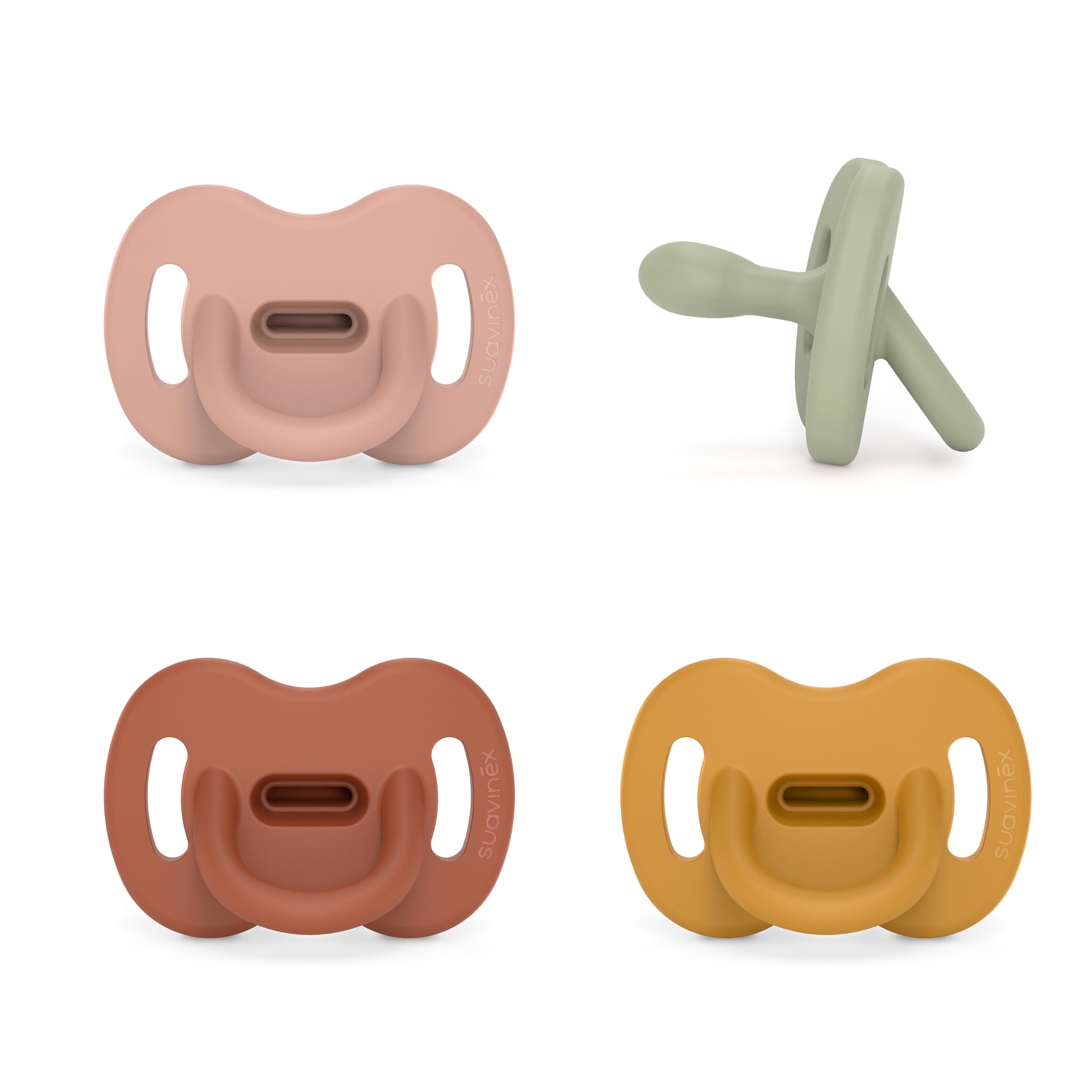 SUAVINEX Suavinex, Pack 4 Chupetes Todo Silicona, para Bebés 0/6 Meses, Chupete con Tetina Fisiológica SX Pro, Súper Blandito y Flexible, Ideal para Dormir. Rosa, Verde, Teja y Mostaza