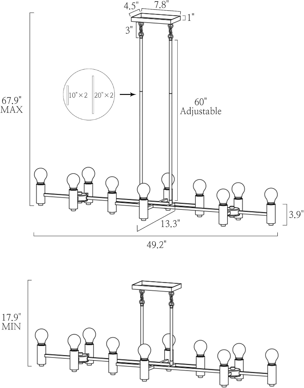 KSANA 49.2" 10-Light Linear Chandelier, Black Modern Industrial Island Lighting for Kitchen Island and Dining Room