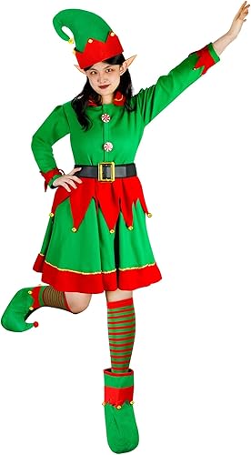 Miniatura 4 de QZYL 9 piezas de disfraz de elfo de Navidad, disfraz de Santa Claus, traje de cosplay, vestido, orejas de cinturón, calcetines, sombrero de elfo,