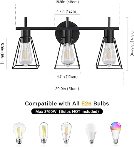 Miniatura 2 de Lámpara de tocador de baño de granja sobre el espejo, aplique de pared de 3 luces negro mate con jaula de metal, enchufe E26 (bombillas no incluidas)