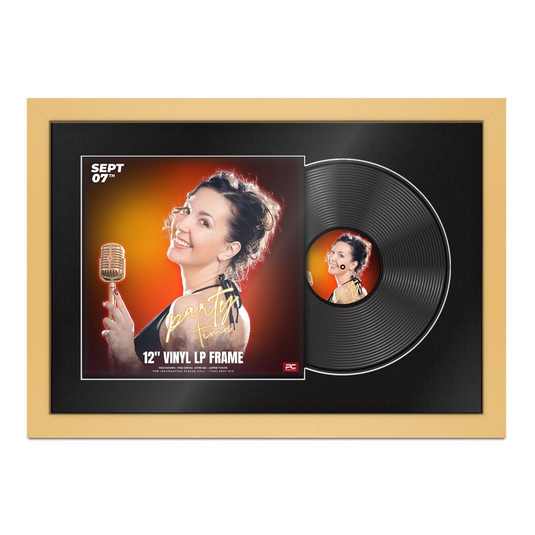 Procut Global 25X17" Matte Yellow Vinyl Record Frame for 12 Inch LP Cover & Disc - Display Photo Frame with Overlapped Design-Engineered Wood, Shatterproof Perspex - Music Lover Gift & Home Décor