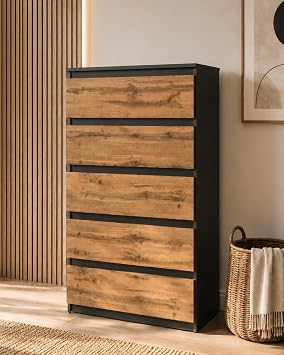 MRBLS_HOME Chest of Drawers with 5 Drawers - Wooden Sideboard 70 x 115 x 33.5 cm (W x H x D) - Narrow Chest of Drawers for Bedroom and Hallway - Shelf with Drawers - Cabinet with Drawers (Matte Grey/Wotan)