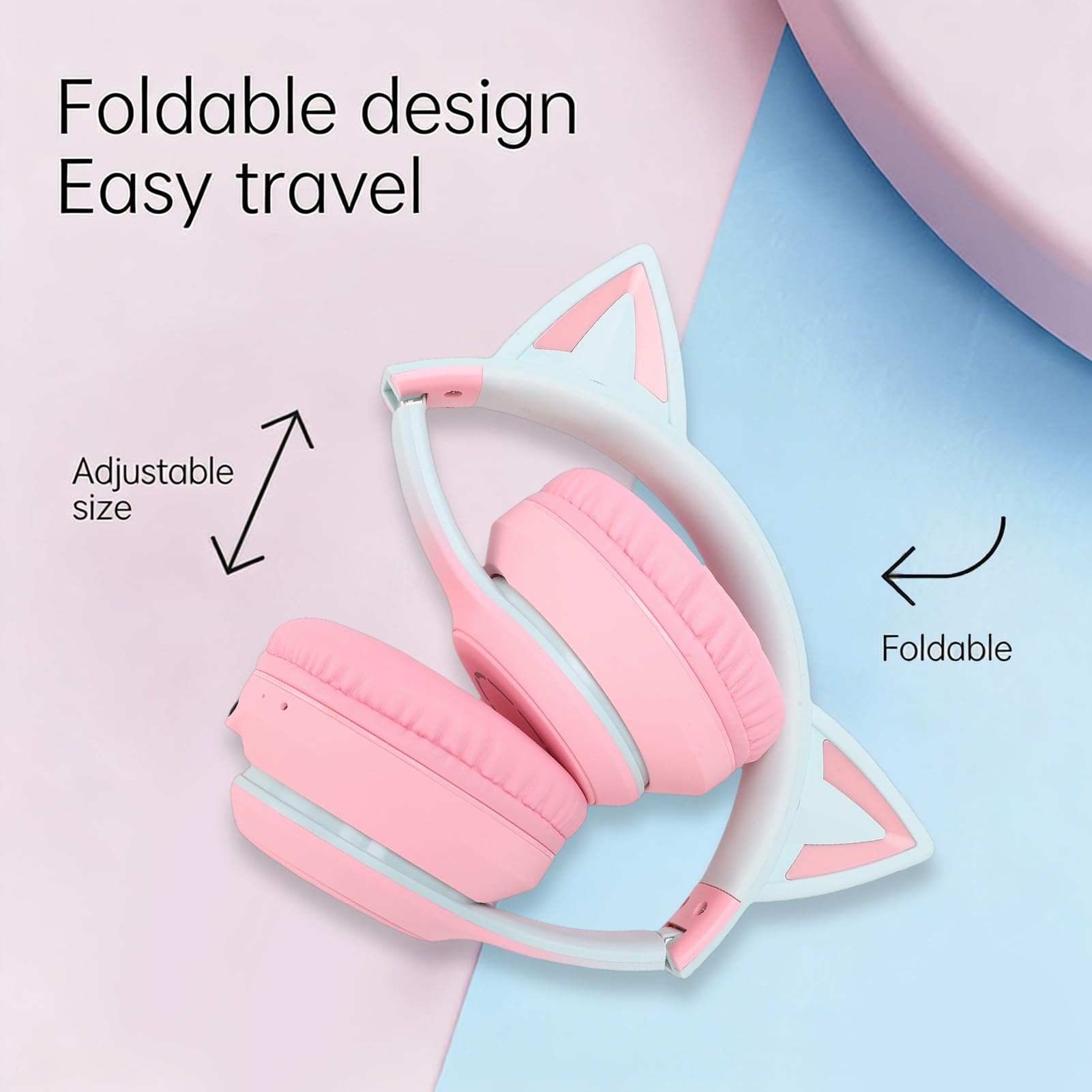 Kabelloses Gaming-Headset, niedliche Katzenohren, Bluetooth 5.3, LED-Beleuchtung, abnehmbares Mikrofon, 40-mm-Treiber, 3,5-mm-AUX-Kabel, faltbar, Bequeme Ohrpolster (PINK)