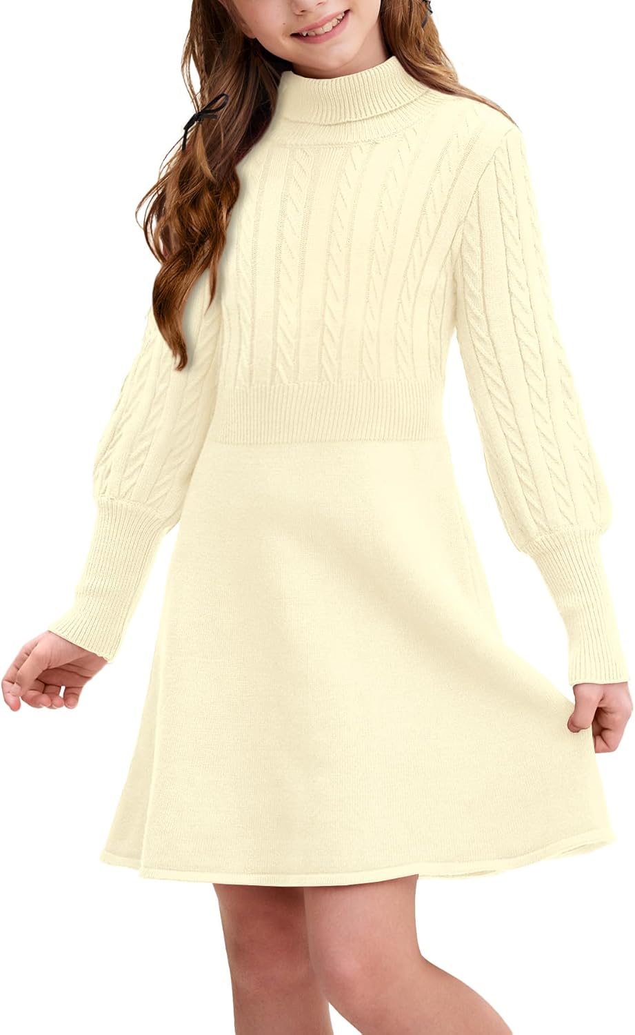 BesserBay Girls Winter Long Sleeve Sweater Dress Turtleneck Cable Knitted Pullover Midi Dress 6-14 Years
