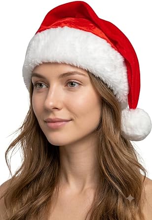 Christmas Santa Hat Plush Velvet Xmas Holiday Hat Ultra Soft Fluffy Brim