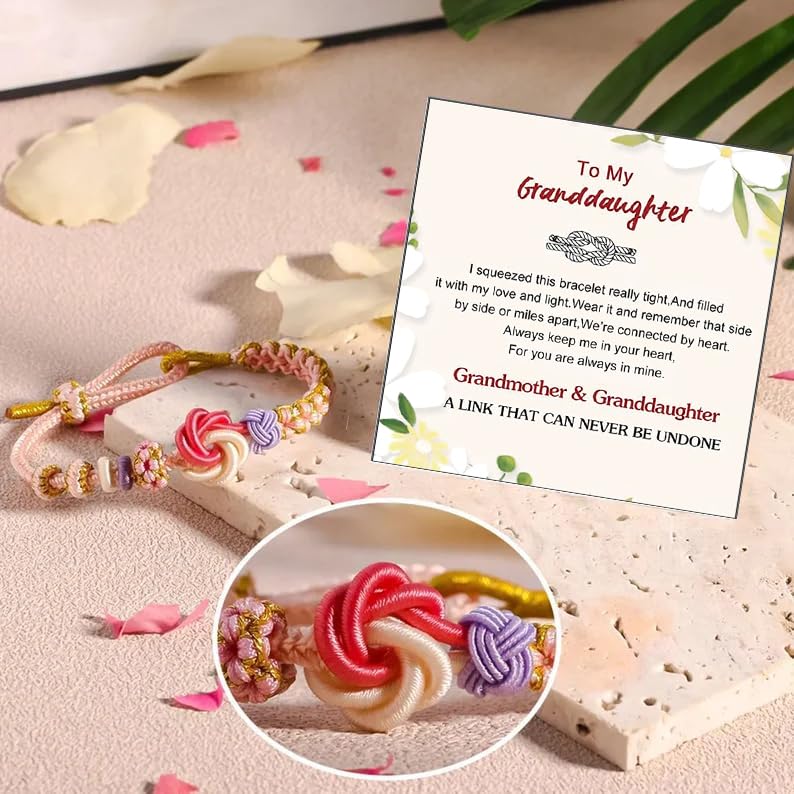 Image of Granddaughter Bracelet for Women, Cute Pink Peach Blossom Knot Bracelet from Grandma Trendy Handmade Braided Charms Bracelets Holiday Jewelry Gifts