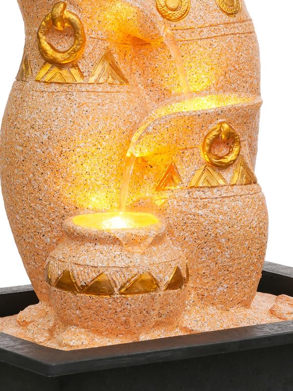 Image of Polyresin Sand & Golden Designer Table Top Jug Style Indoor 3 Steps Home Decor Water Fountain with Yellow LED Light & Water Flow Controller Pump (Size: 40 x 29.5 x 22CM | Weight: 2095grm)