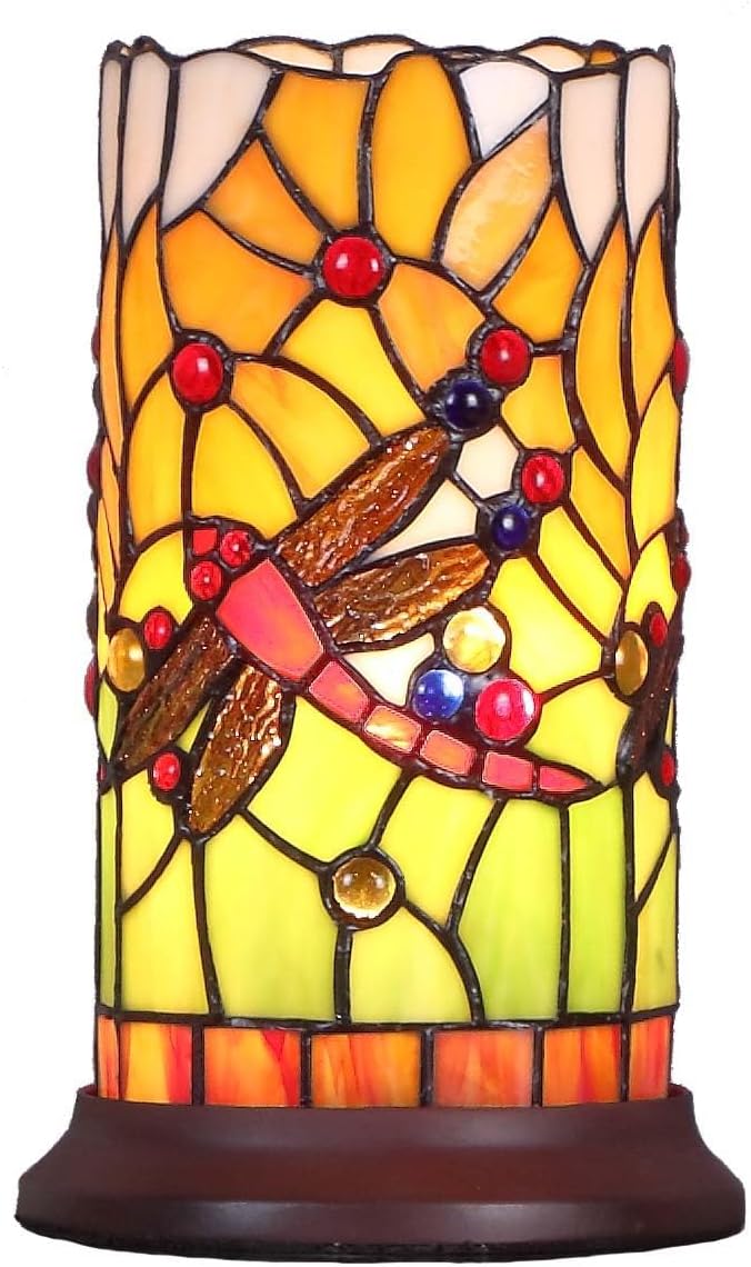 Bieye L10650 Dragonfly Tiffany Style Stained Glass Mini Table Lamp with Cylindrical Shade, 10 inch Tall