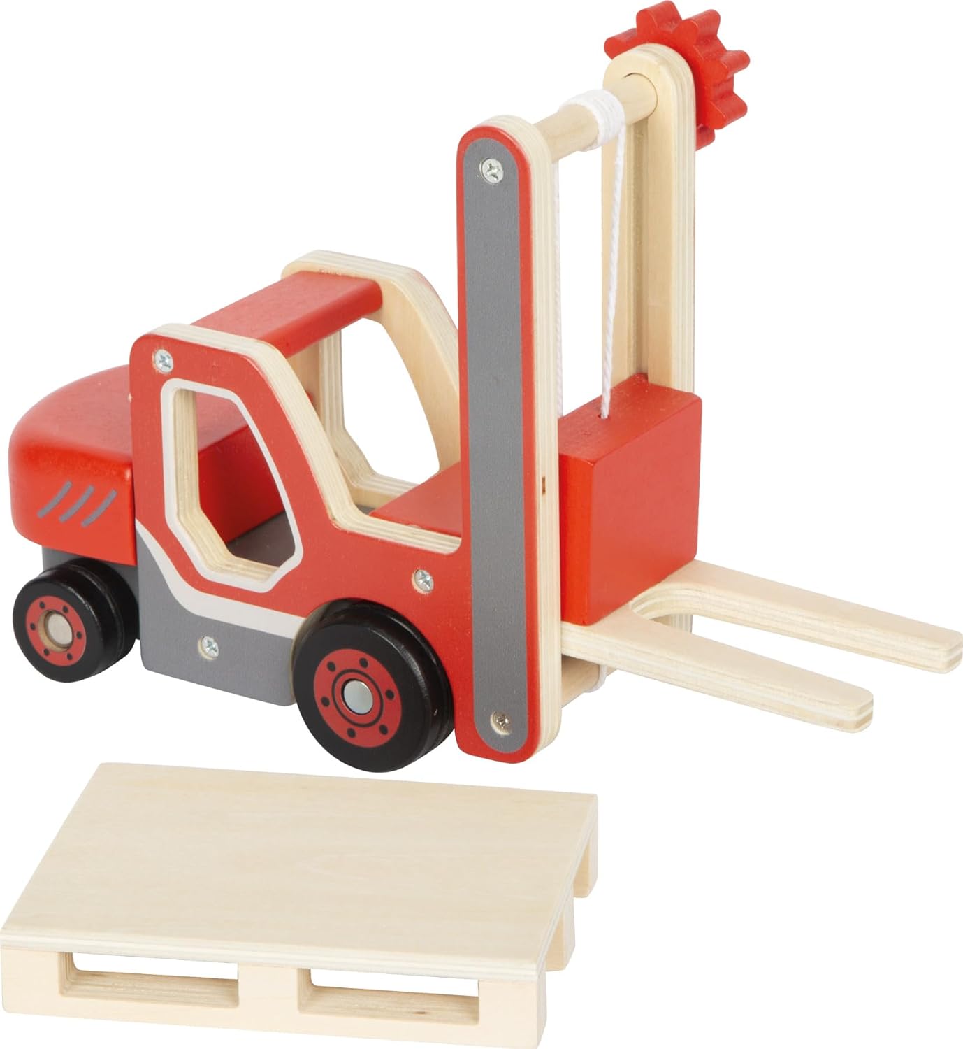 Small Foot 12636 Forklift Truck with Wooden Pallet with Mobile Fork and Winch, Toy Vehicle for Children from 2 Years