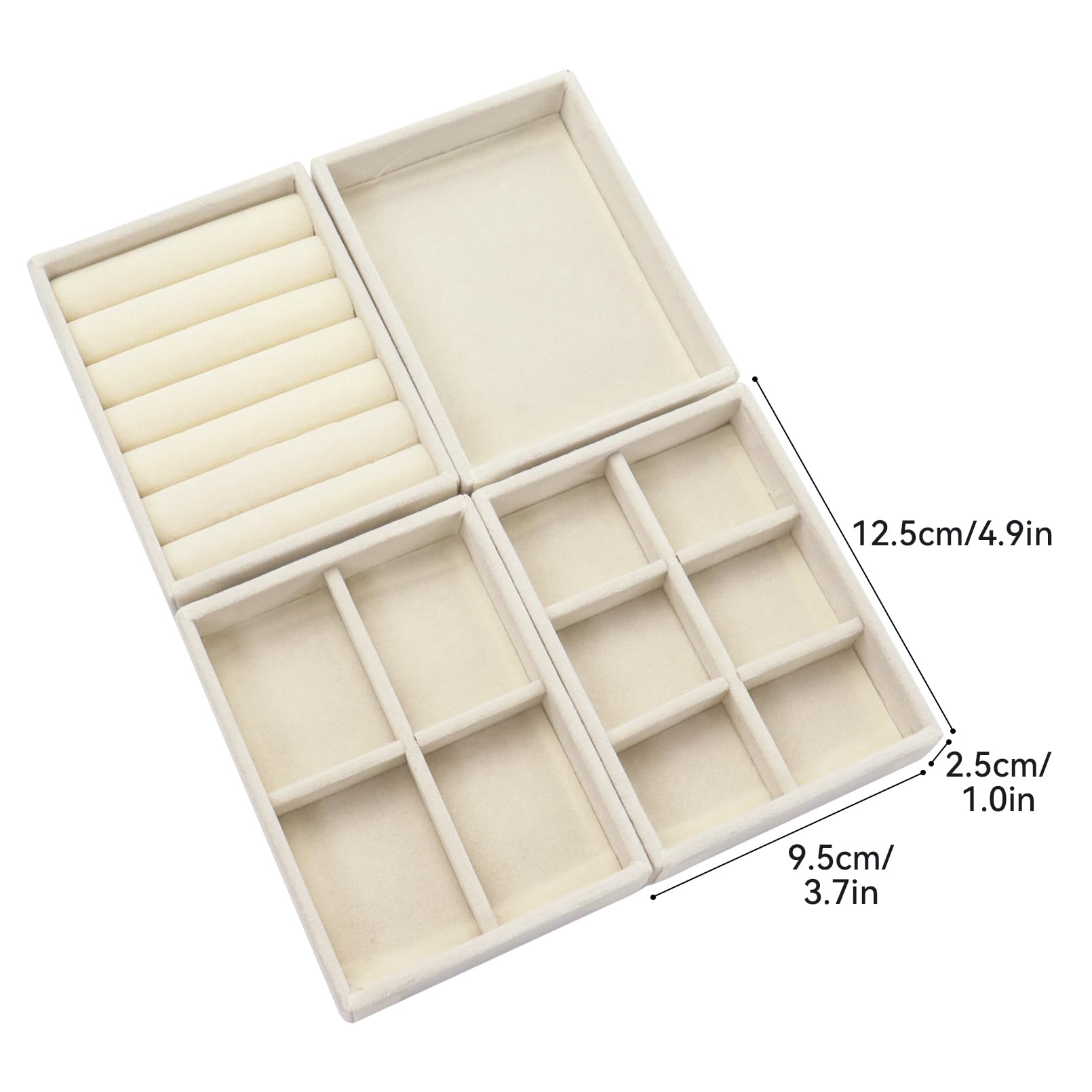 Nwvuop 4 piccoli vassoi per gioielli, cassetti, impilabili, per orecchini, collane, bracciali, anelli, 12,5 × 9,5 × 2,5 cm (beige)