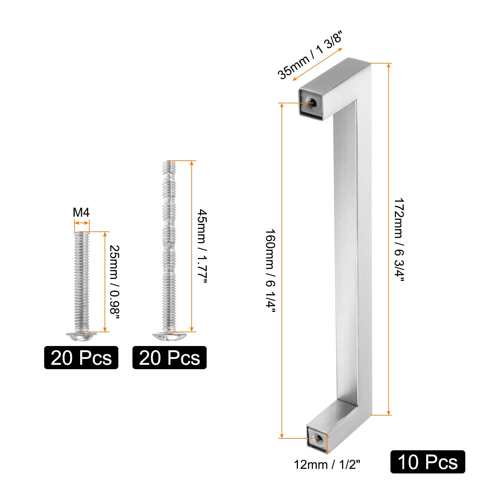 uxcell 10 Pack Square Bar Drawer Handles, 6 1/4 Inch Hole Center Modern Drawer Pulls Kitchen Cabinets Pull Stainless Steel Slim Cupboard Pulls, Brushed Silver