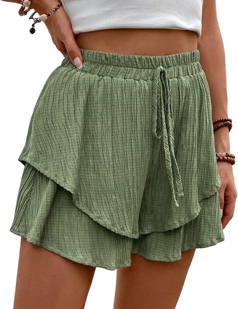 IDEALSANXUN Flowy Shorts for Women 2025 Spring Summer Ruffle Tiered Skorts Elastic High Waisted Casual Drawstring Golf Tennis Beach Mini Skirt, Green, XL