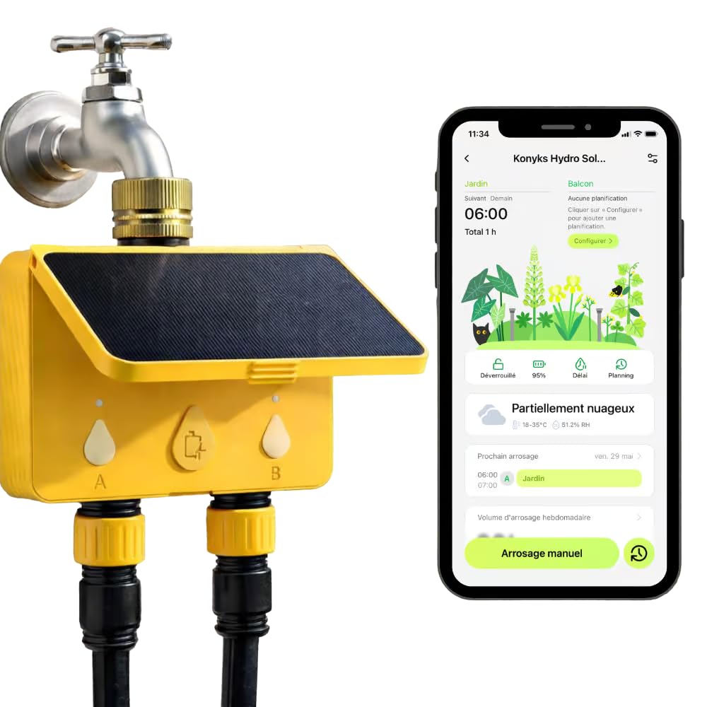 KONYKS HYDRO SOLAR Inteligentna stacja nawadniania Wi-Fi, dalekiego zasięgu, stała autonomia z panelem słonecznym, wodoszczelność IP65, zdalne sterowanie, Google Home & Alexa, scenariusze automatyki