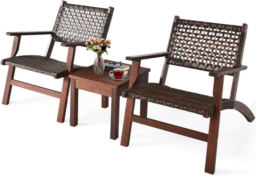 3PCS Outdoor Patio Rattan Furniture Set Solid Wood Frame Chair Coffee Table