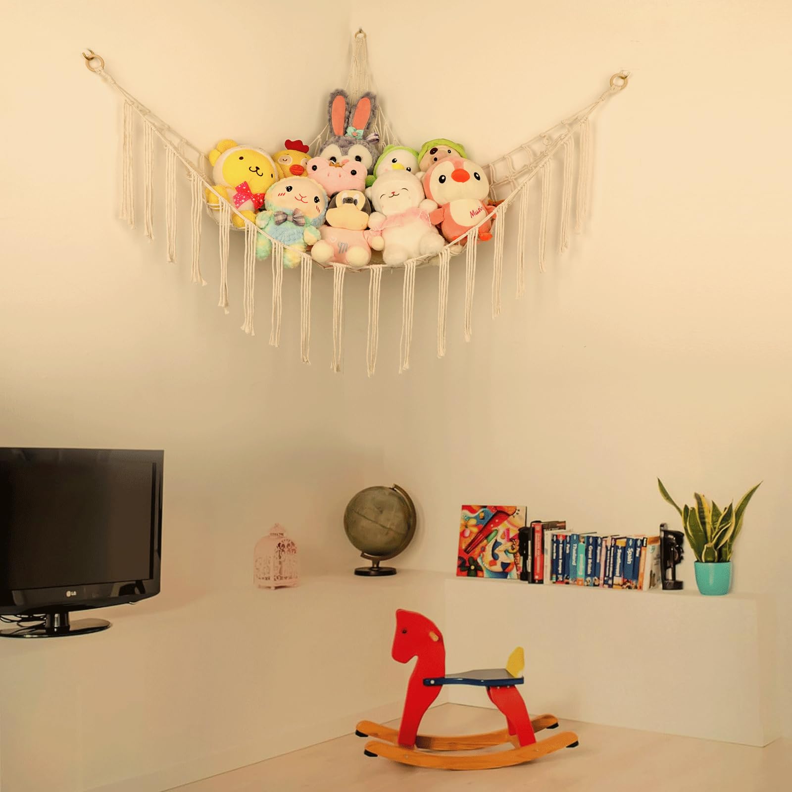 Boho Stuffed Animals Net or Hammock Large,55 inch Toy Hammock Macrame Stuff Animal Storage Corner Hanging Net Holder,Mesh Hammock Plush Toy Organizer with Tassel & Hooks for Bedroom,Nursery (White)