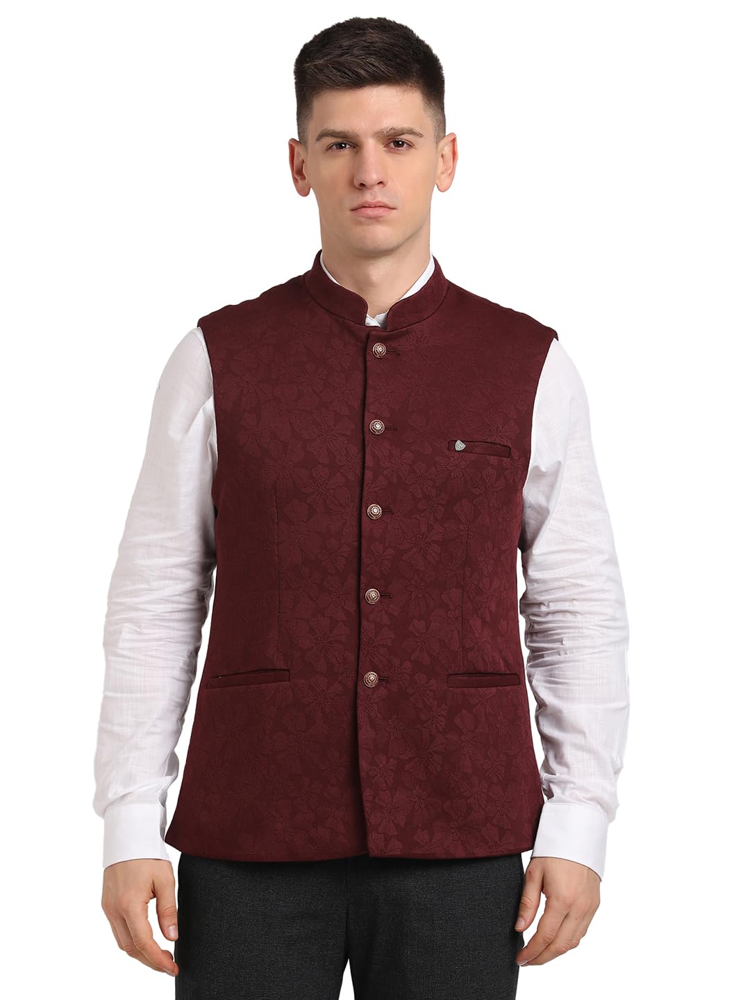 Men Poly Rayon Spandex Maroon Dobby Print Formal Nehru Jacket-image-38