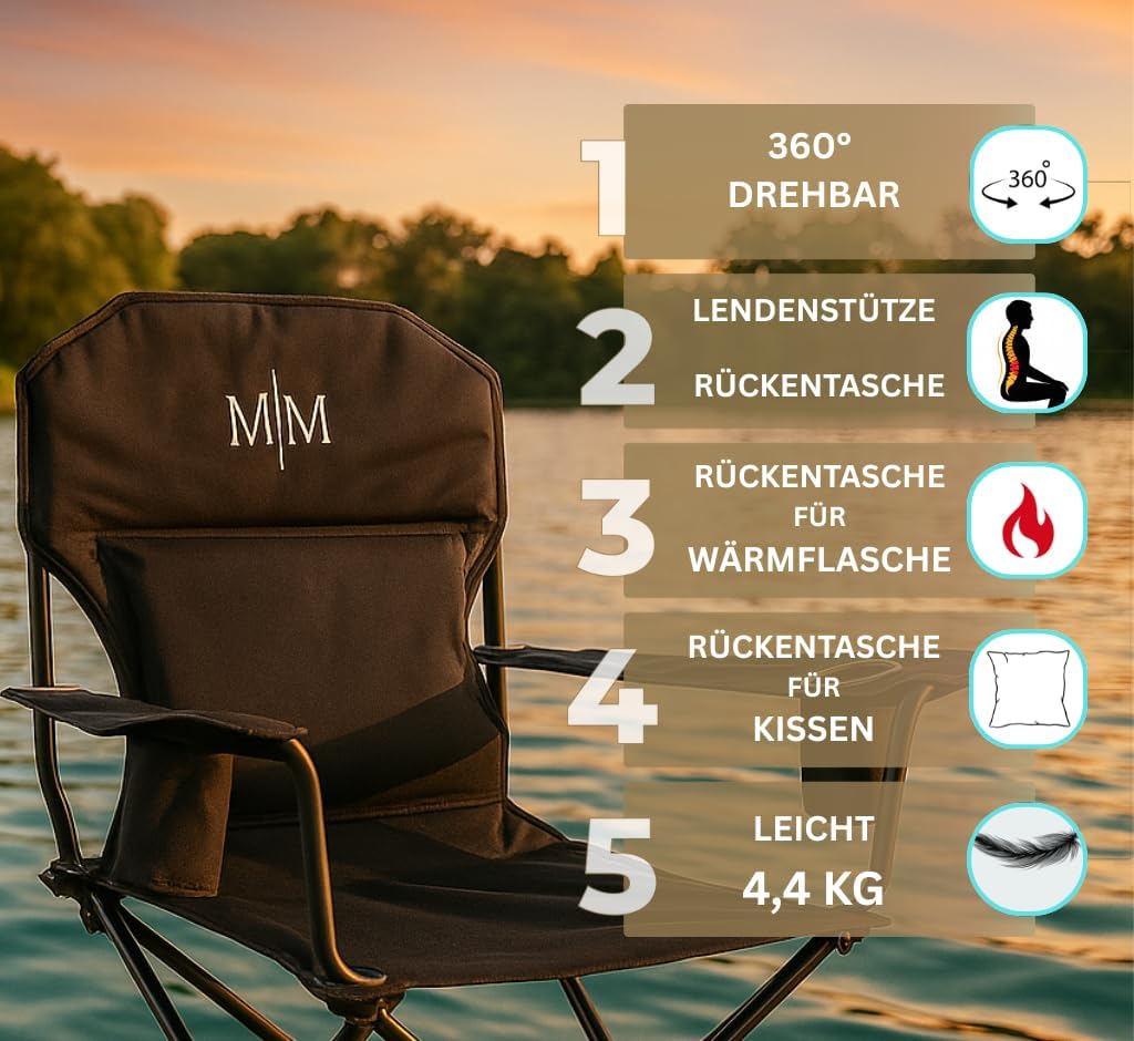 Campingstuhl faltbar schwarz bis 150 kg mit Rückentasche für Kissen oder Wärmflasche, 360° drehbar