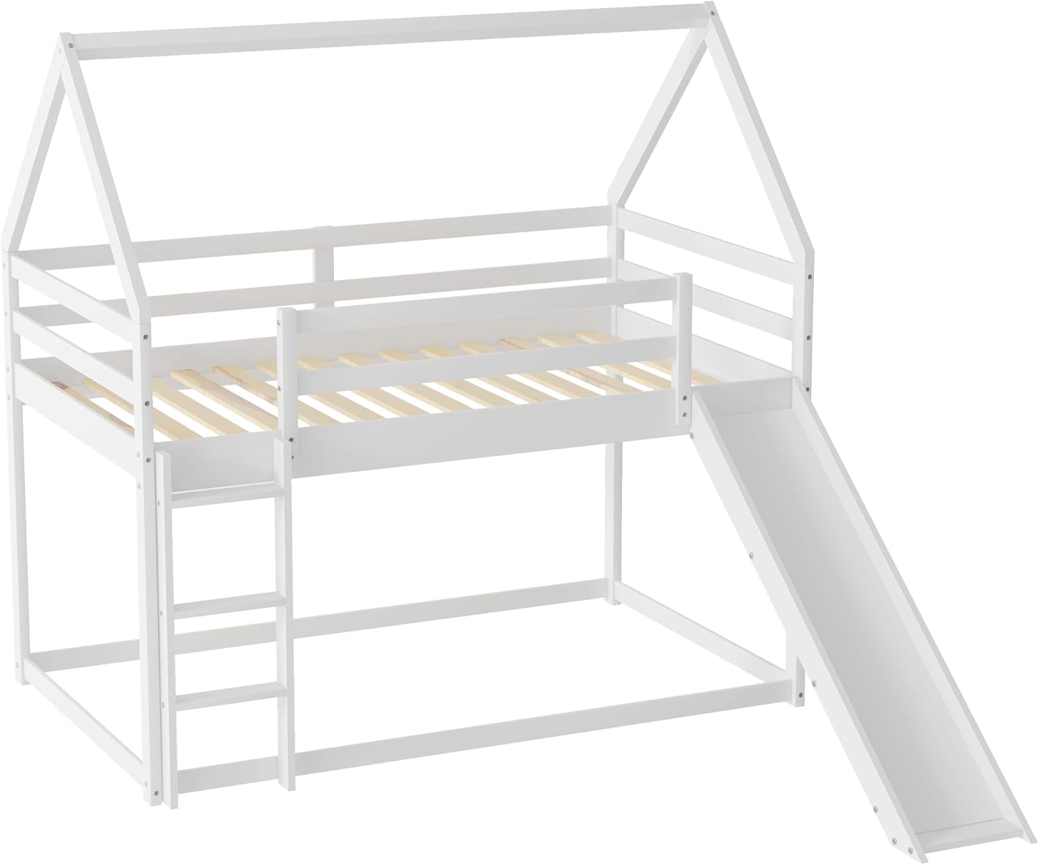 Harper & Bright Designs House Bunk Bed Twin Over Twin with Slide and Roof, Floor Bunk Bed with Built-in Ladder and Full-Length Guardrails for Kids Boys Girls, Space Saving, White