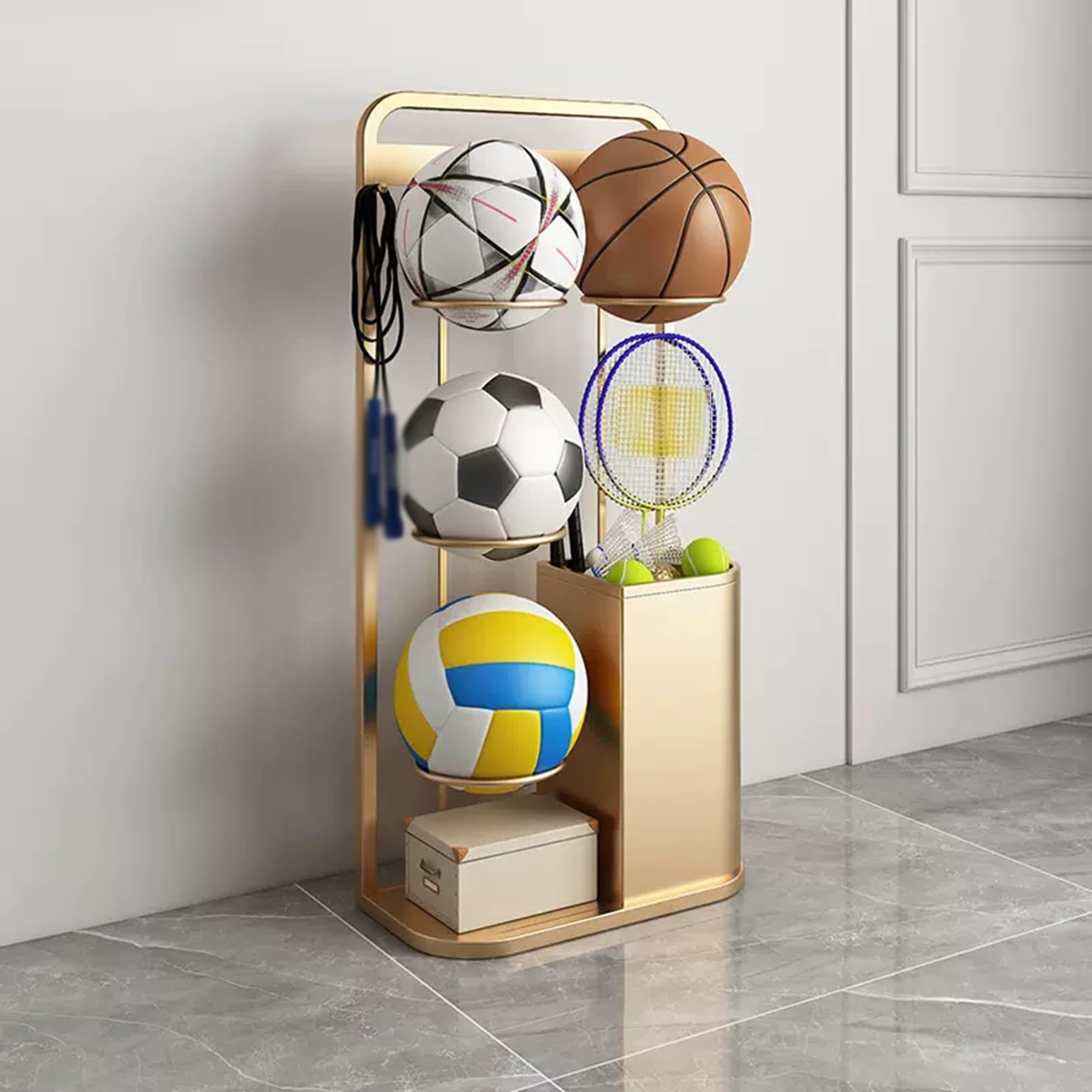 Ball Storage Rack Holds 4/6 Bälle, Portable Vertical Ball Rack Sport Ball Storage Rack, Basketball Fußball Volleyball Display Stand für Schlafzimmer Wohnzimmer Garage