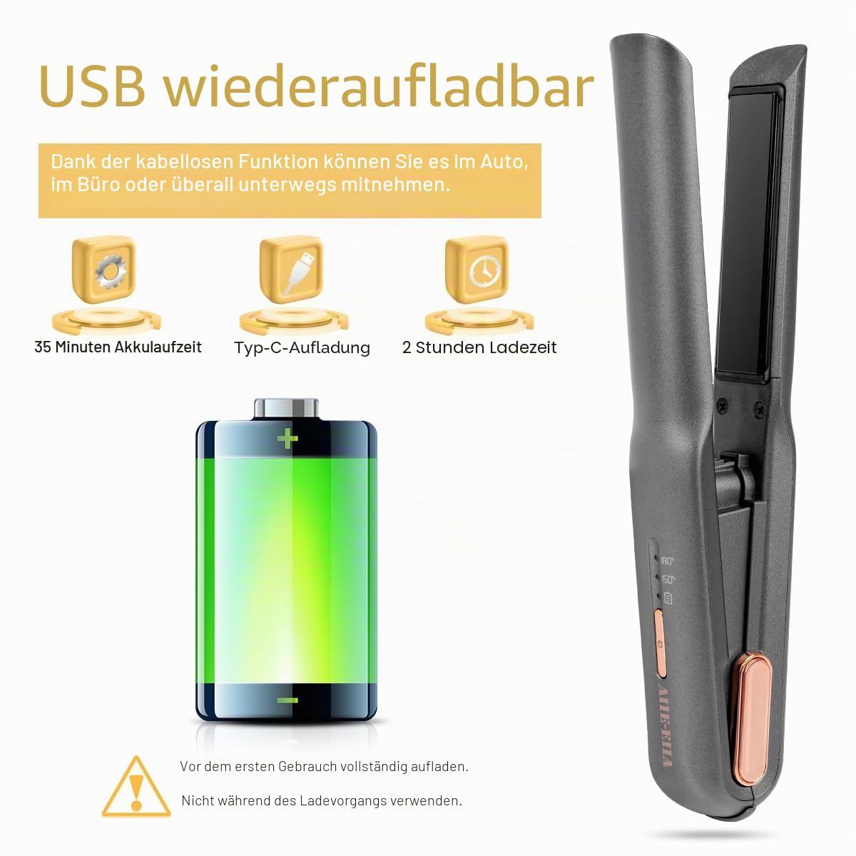 Gl?tteisen Kabellos, Mini Haargl?tter Und Lockenstab mit USB-C Aufladung, gl?tteisen ohne kabel schnellheizung mit 2 einstellbaren Temperaturen, ideal f¨¹r unterwegs (Grau)