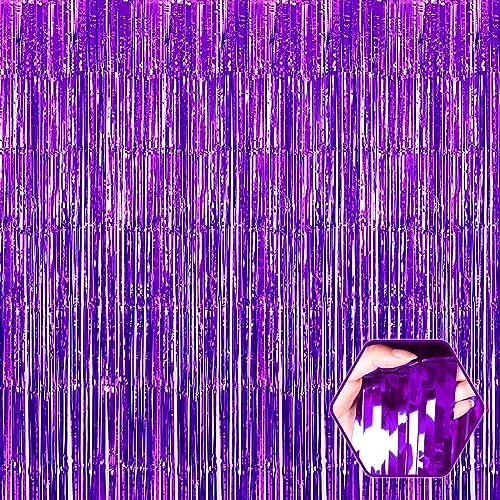 Image of 6 Pack Purple Foil Fringe Curtain Backdrop, 3.28Ft x 8.2Ft Metallic Tinsel Foil Fringe Streamer Curtains for Photo Booth, Christmas Day, Thanksgiving, Wedding, New Year Party Decorations