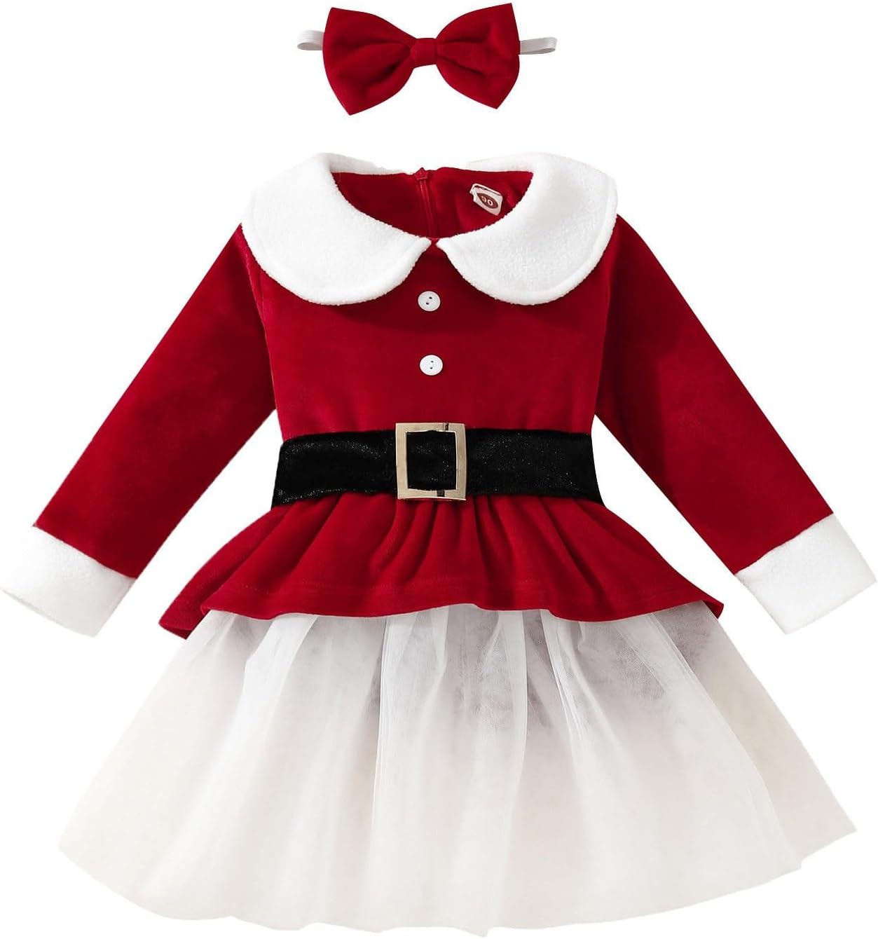 Robe de Noël en velours pour bébés filles, manches longues, à volants, en tulle, avec ceinture, robe de père noël, vêtements adorables pour les vacances