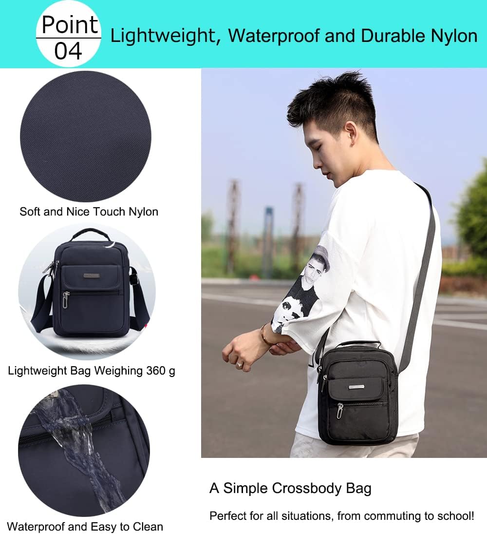 natyrlpog Men's Shoulder Bag Nylon Messenger Bag Crossbody Purse Waterproof Lightweight for Travel Work Outdoor Black Small - Image 6