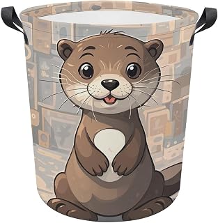 13.8 × 13.8 × 17.3 Inches Collapsible Laundry Baskets Cartoon Cute Otter Printed Waterproof Laundry Hamper Foldable Dirty Clothes Storage Bin for Bathroom Bedroom Office