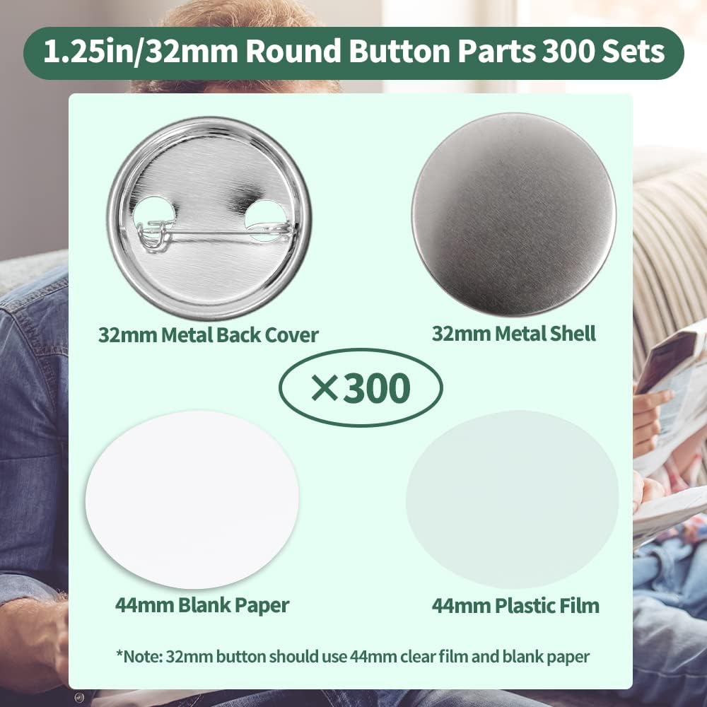 Mostme 300 Sets 1.25 inch Button Maker Supplies, 32mm Button Supplies Parts Badge Part, Buttons Making Supplies, Includes Metal Pin Back Cover, Metal Shells, Blank Paper&Clear Film