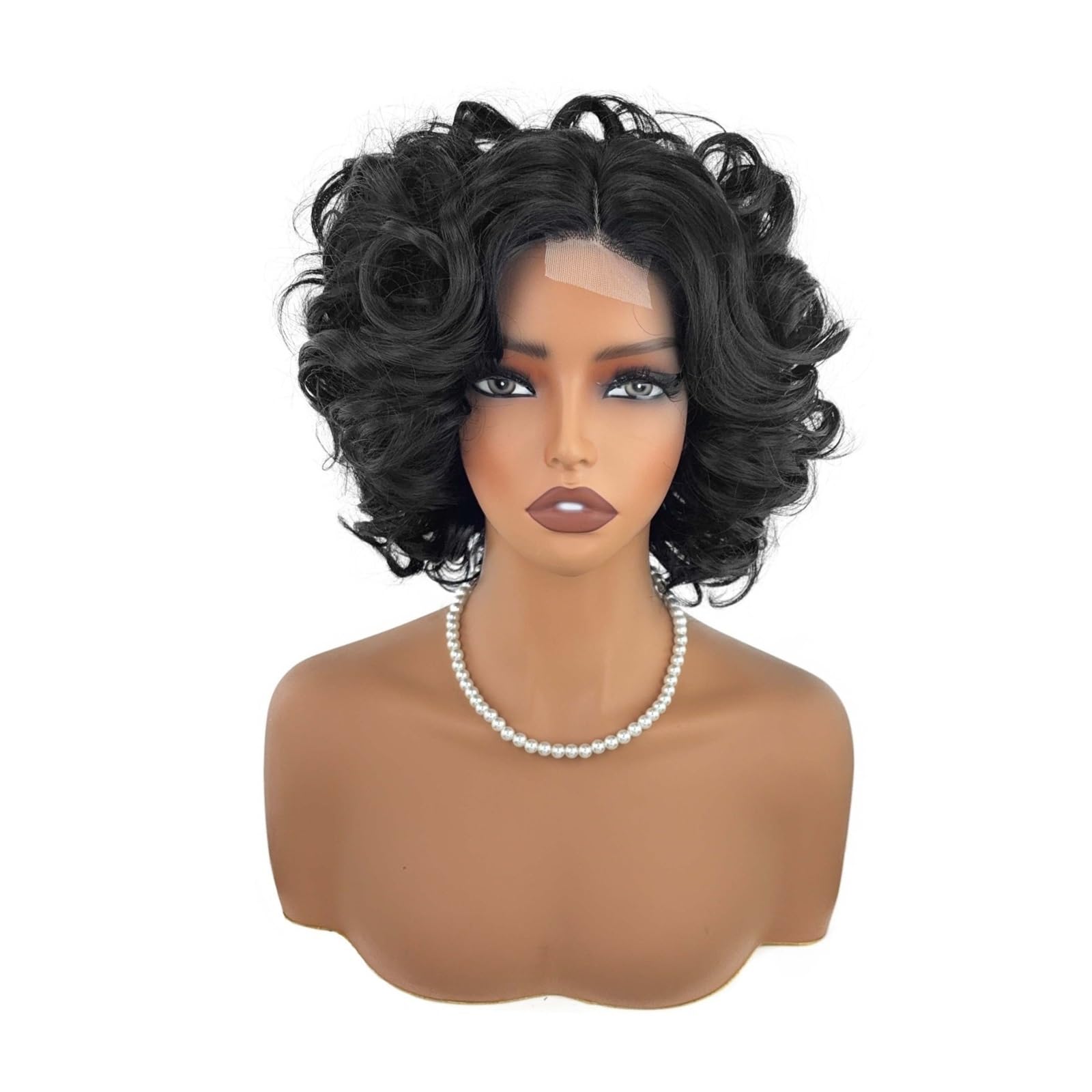 ZTHYSHOZ Women's Wig Ladies' Black Lace Forehead Short Wig With Fluffy Natural Small Curly Hair Style