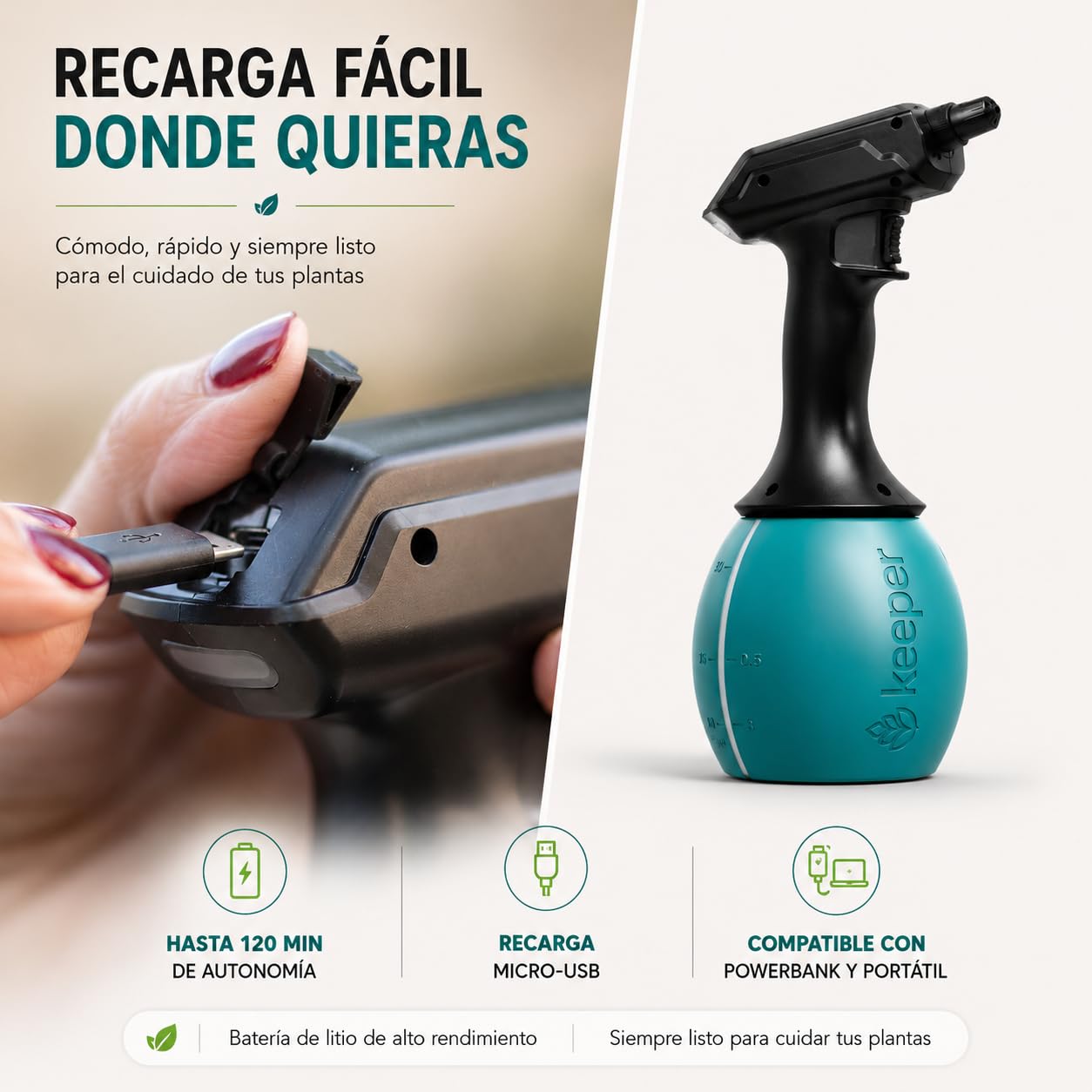 Keeper Pulverizador Eléctrico para jardín Keeper Forest 5. Batería Litio. Recarga Mediante USB. Indicador Luz. Boquilla Regulable. 120min Autonomía.5L (1 Litro)