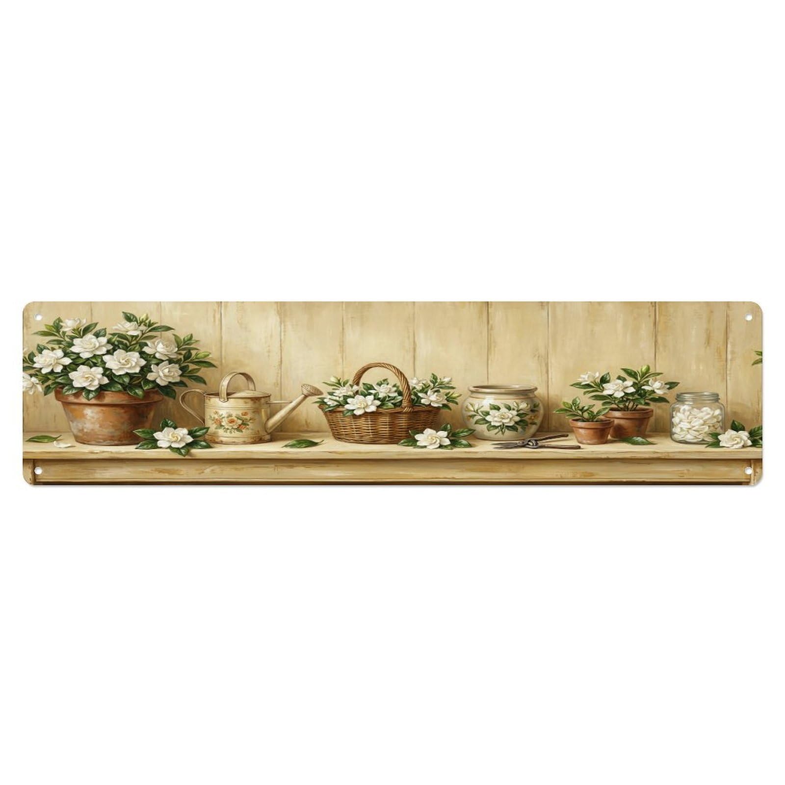 Floral Garden Tools Gardenia White Pot Pattern Print Metal Tin Sign