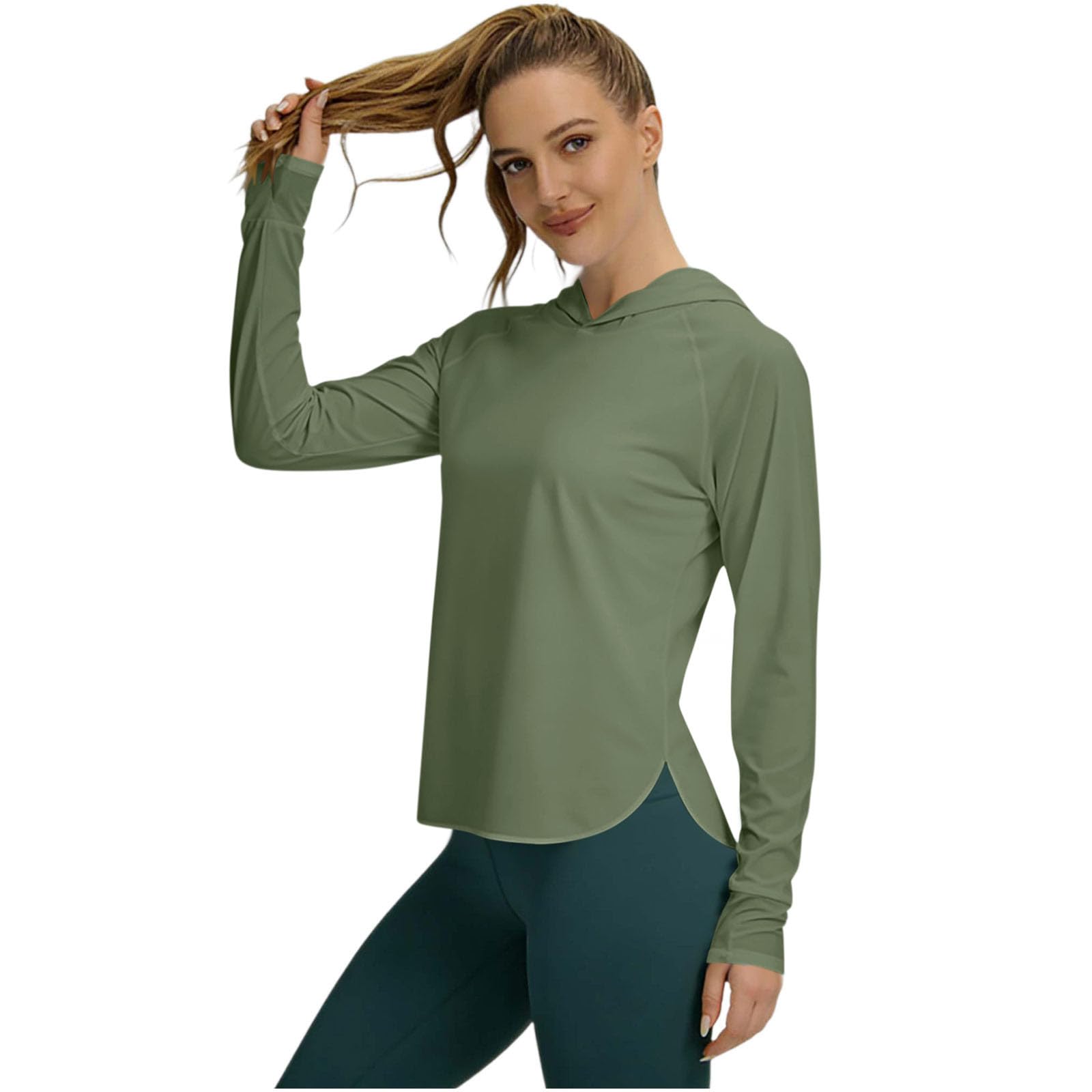 AMhomely Womens Sun Protection Hoodies-Upf50 Long Sleeve Shirt Women,Gym Workout Running Sports Tees,Ladies Lightweight Breathable Quick Dry T-Shirt,Side Slit,Outdoor Travel Safari A Army Green L