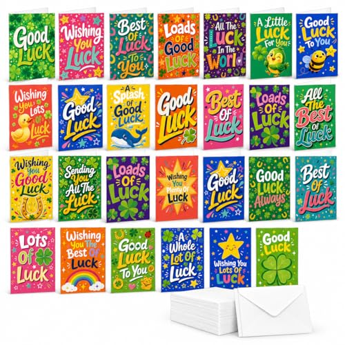 30 Good Luck Cards Set with Envelopes Bright Colourful 30 Different Designs Premium 300gsm Pearlescent Cardstock for Exam New Job Interview Driving Test University Wishes