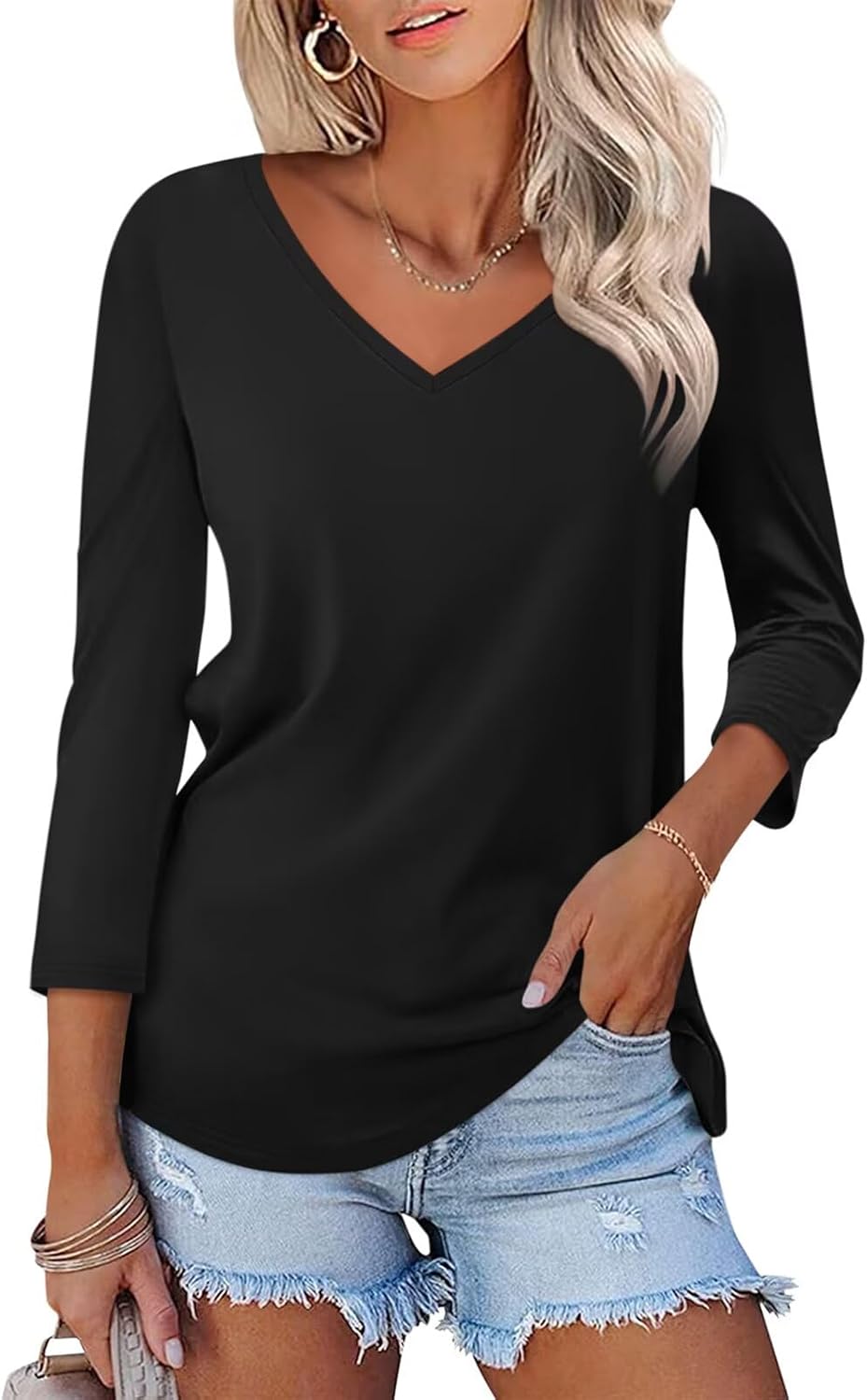 Women's V Neck 3/4 Sleeve Tops Color Block/Solid Shirts Basic Summer Tees B-black Small