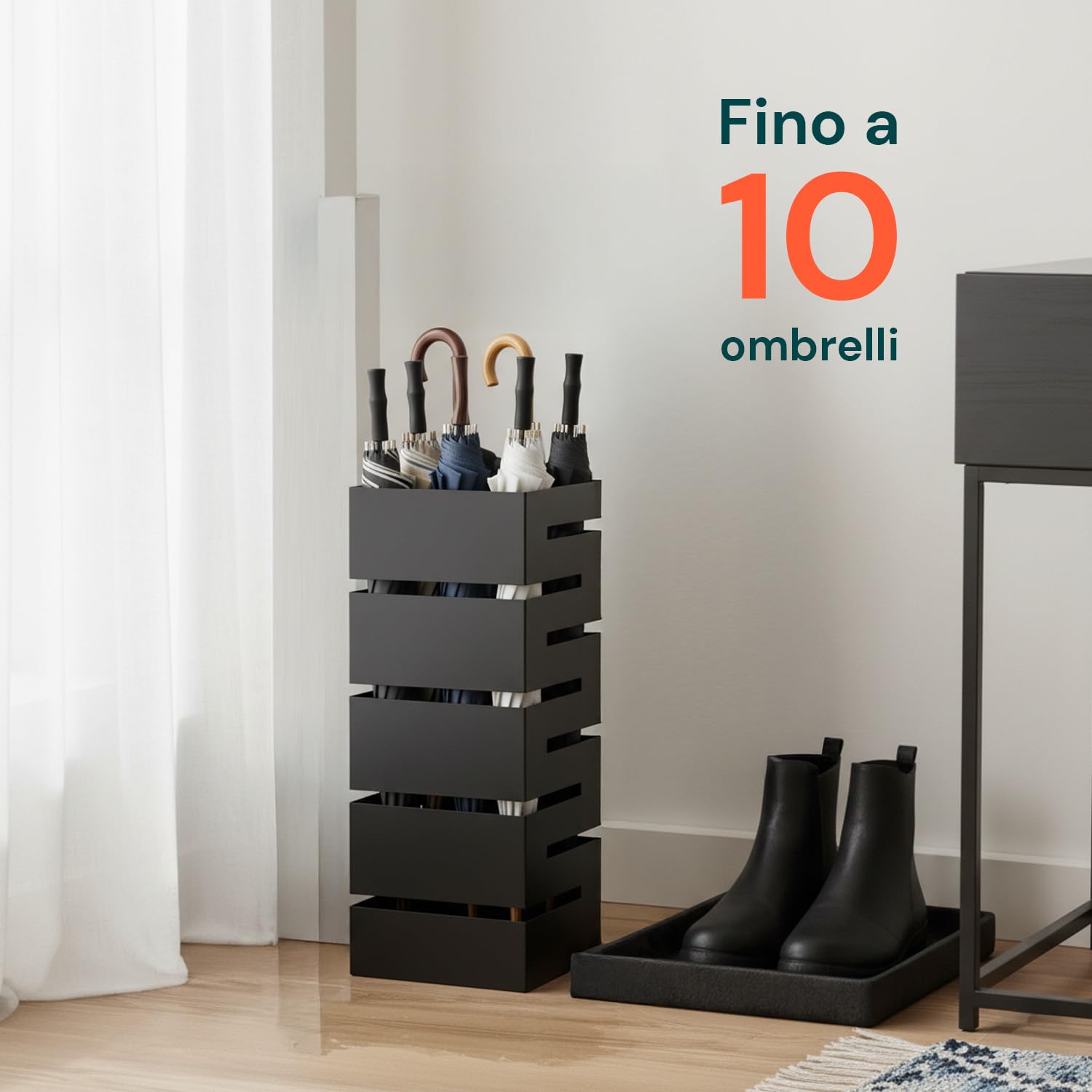 Avilia Portaombrelli da Interno Metallo Nero – Porta Ombrelli con Vaschetta Raccogligocce e 2 Ganci, Portaombrelli da Esterno 10 Ombrelli, Design Moderno per Ingresso Casa e Ufficio