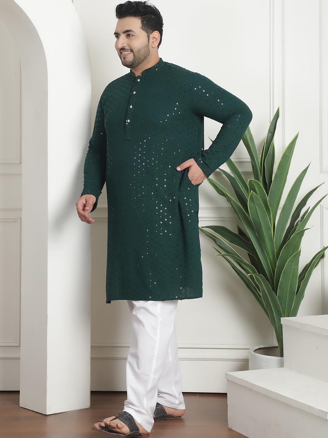 Sojanya Plus (Since 1958) Men's Cotton Sequins Embroidered Kurta with White Churidar Pyjama - Image 8