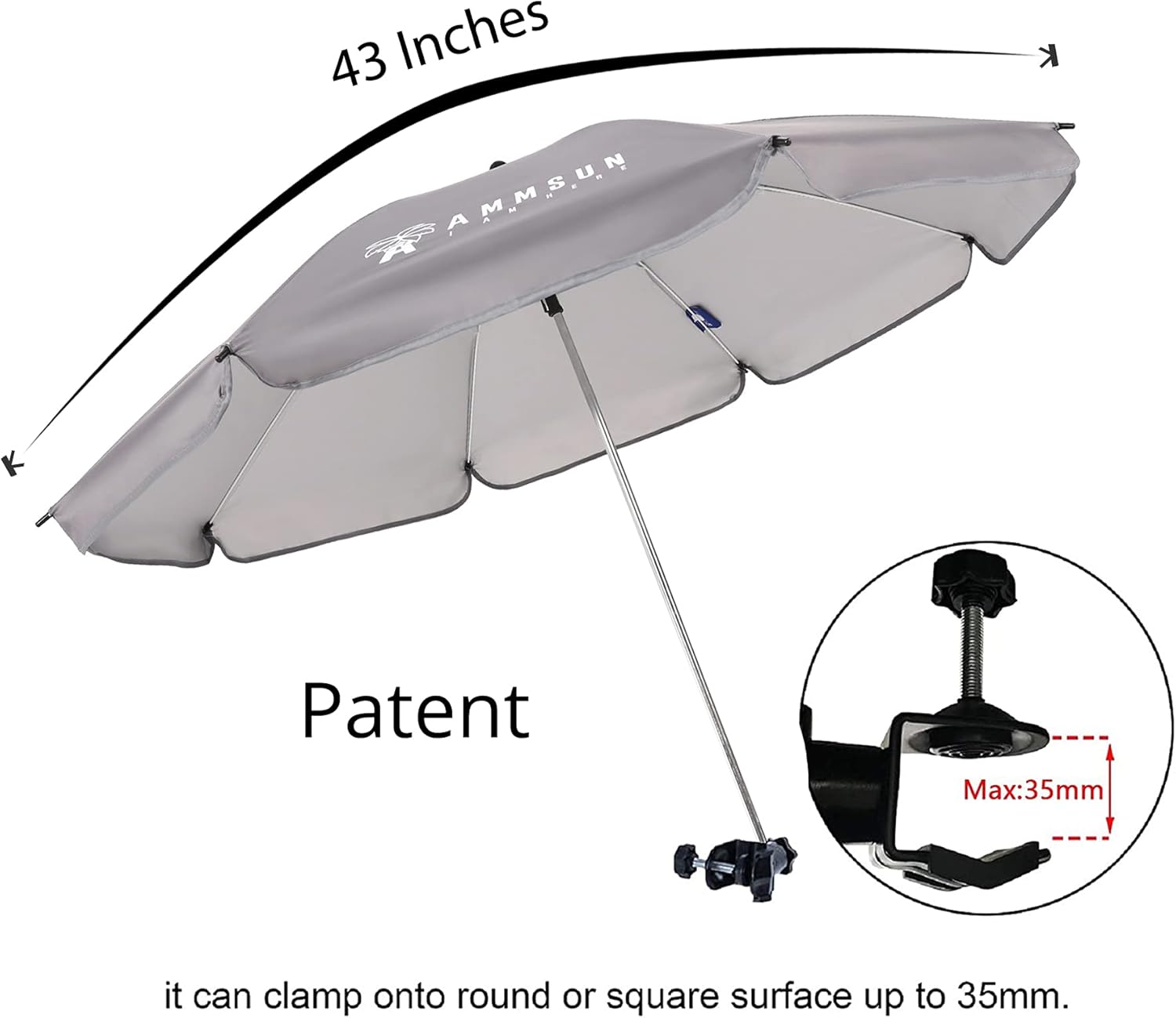 review AMMSUN Chair Umbrella with Universal Clamp 43 inches UPF 50+,Portable Clamp on Patio Chair,Beach Chair,Stroller,Sport chair,Wheelchair and Wagon (Grey)