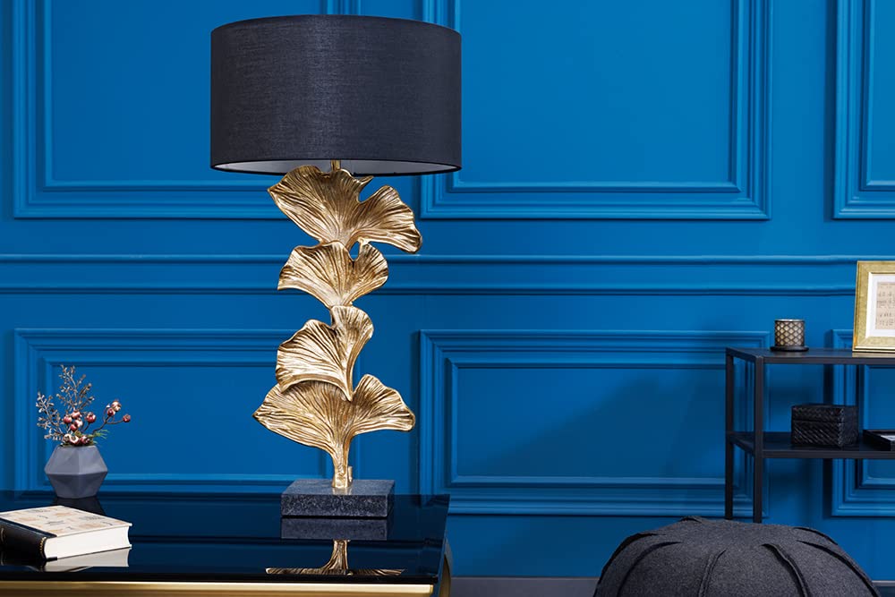 riess-ambiente.de Design Tischlampe GINKGO 70cm schwarz Stoffschirm gold Metall handmade Marmor-Fuß