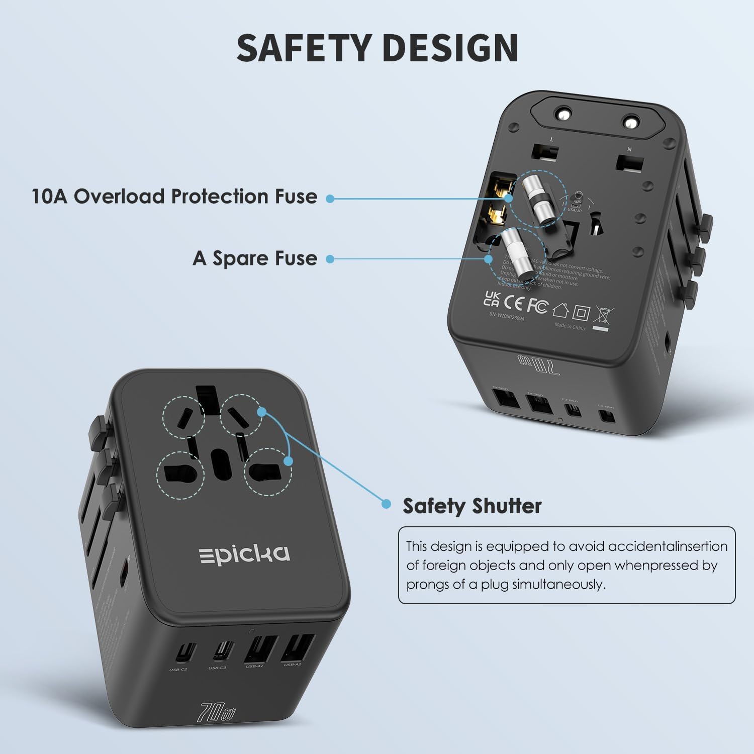 EPICKA GAN Adaptador Enchufe Universal, PD 70W Adaptadores de Viaje con 3 USB-C y 2 USB-A, Adaptador Universal Enchufe Viaje para UK USA Japón, Tailandia, Australia, Irlanda TA-105P, Negro