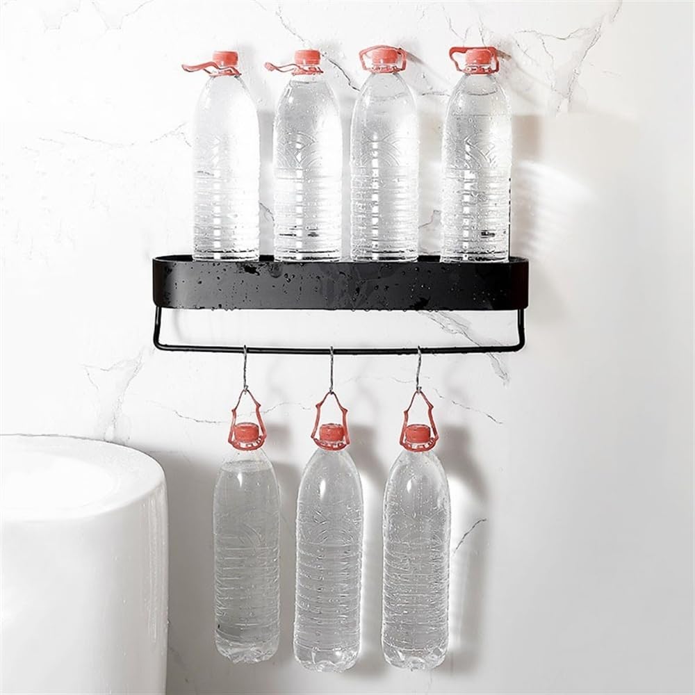 Duschablage, selbstklebend, mit Handtuchstange, modernes Aluminium-Duschregal mit abgerundeten Kanten, schwarzes Badezimmerregal (48 cm) für Küche und Bad, 2 Stück