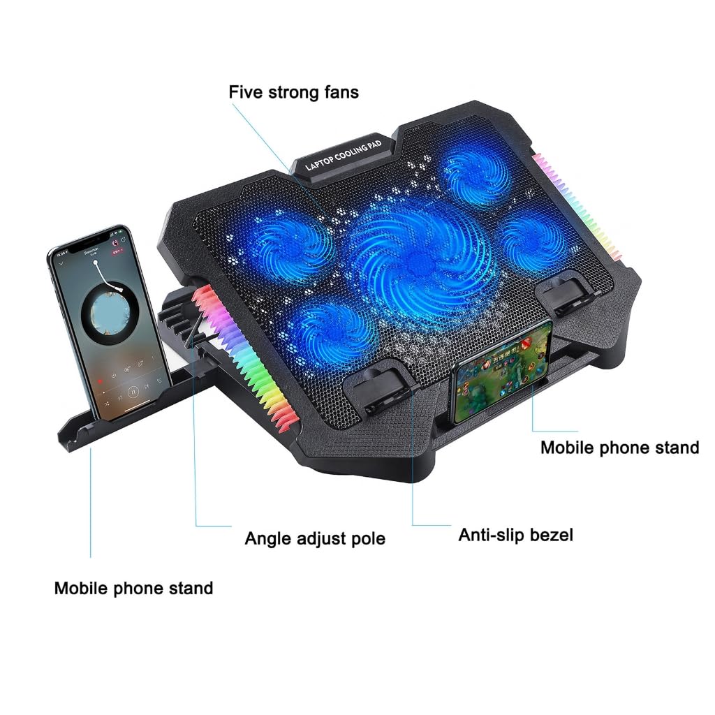 Almohadilla de refrigeración para laptop, luces LED, ventilador para laptop, 2 puertos USB, ventilador LED, 2 puertos USB, soporte para teléfono, soportes de altura