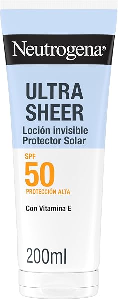 Nahaufnahme der Neutrogena Ultra Sheer SPF 50 Body Lotion Flasche mit 200 ml Inhalt.