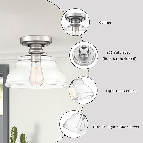 Miniatura 2 de Lámpara de techo industrial semiempotrada, moderna pantalla de vidrio transparente, lámpara de techo de granja cerca de luces de techo en níquel