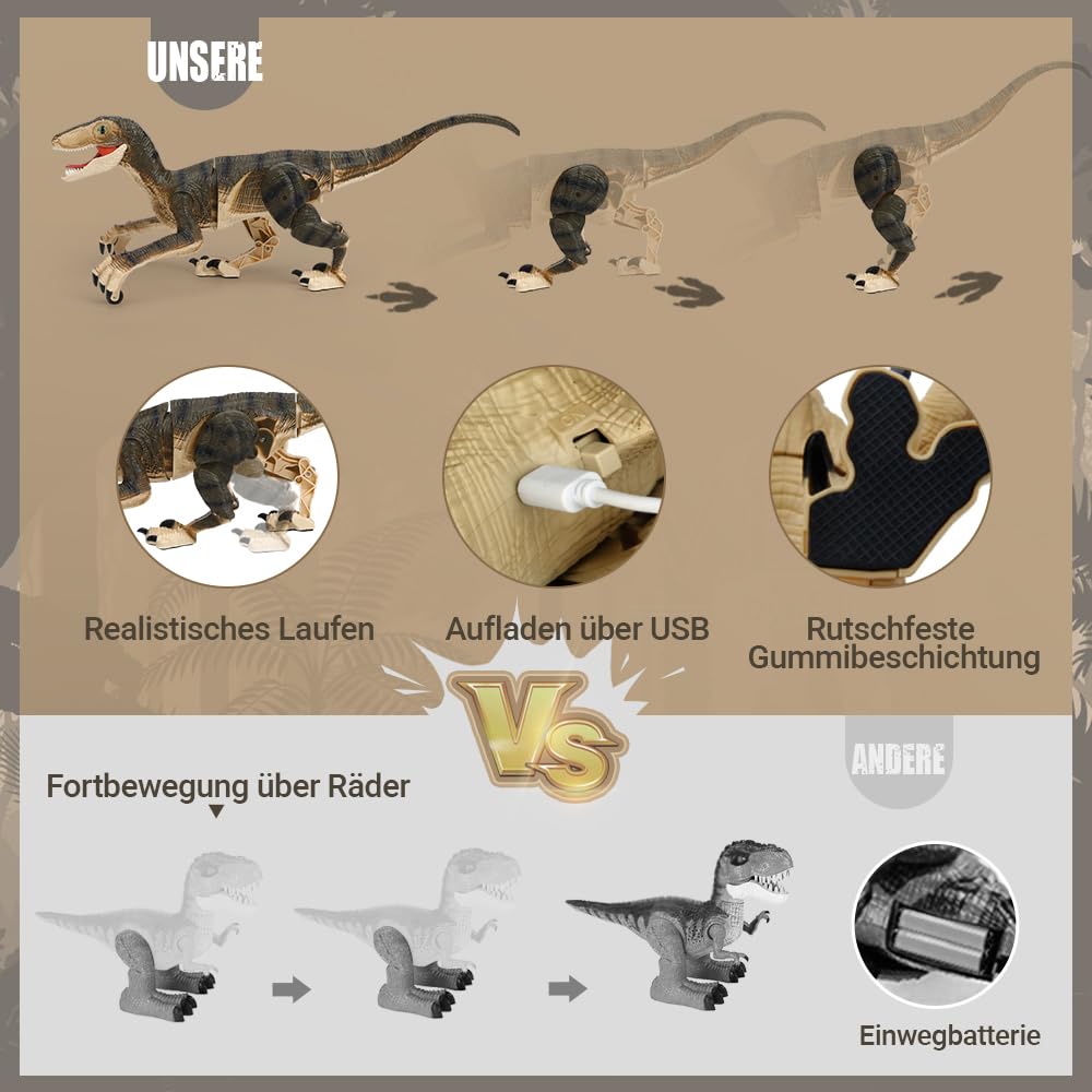 FRUSE Ferngesteuerter Dinosaurier Spielzeug, 2.4 GHz Realistische Velociraptor Roboter mit Gehen, Brüllen und LED-Licht,Dino Spielzeug für Jungen 3, 4, 5, 6,7,8,9 Jahre alte Kinder