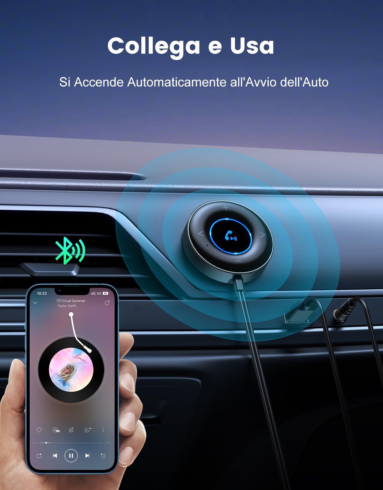 Ricevitore Bluetooth 5.3, [Plug and Play] Bluetooth Auto con Jack AUX da 3,5 mm, Supporta Chiamate in Vivavoce, Doppia Connessione, Musica Hi-Fi, Adatto per Stereo/Altoparlanti/Cuffie Cablate