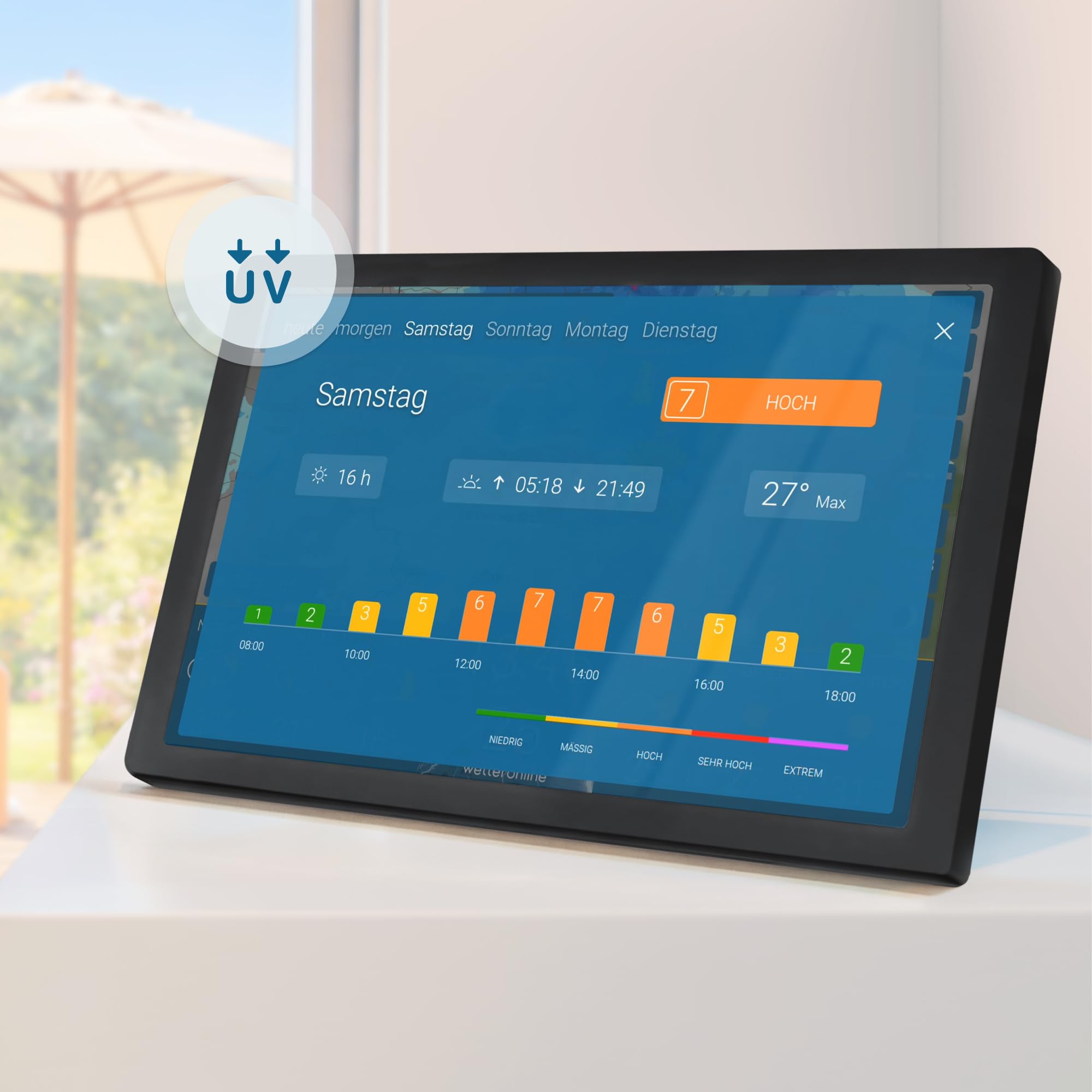 wetteronline home 4 WetterDisplay, WLAN-Wetterstation mit WetterRadar: Wetterfilm auf großem HD-Farbdisplay, einfache Bedienung, edles Design, RegenRadar, Unwetterwarnungen, 14-Tage-Wettervorhersage