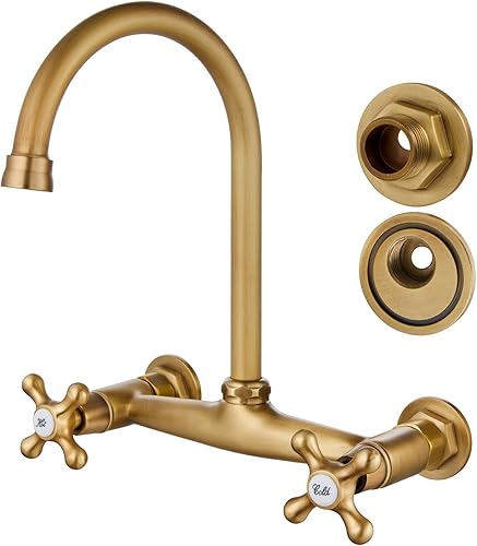 Airuida Grifo de fregadero de cocina de latón antiguo de 8 pulgadas centrales, doble cruz, boquilla giratoria de 360 grados, grifo comercial con