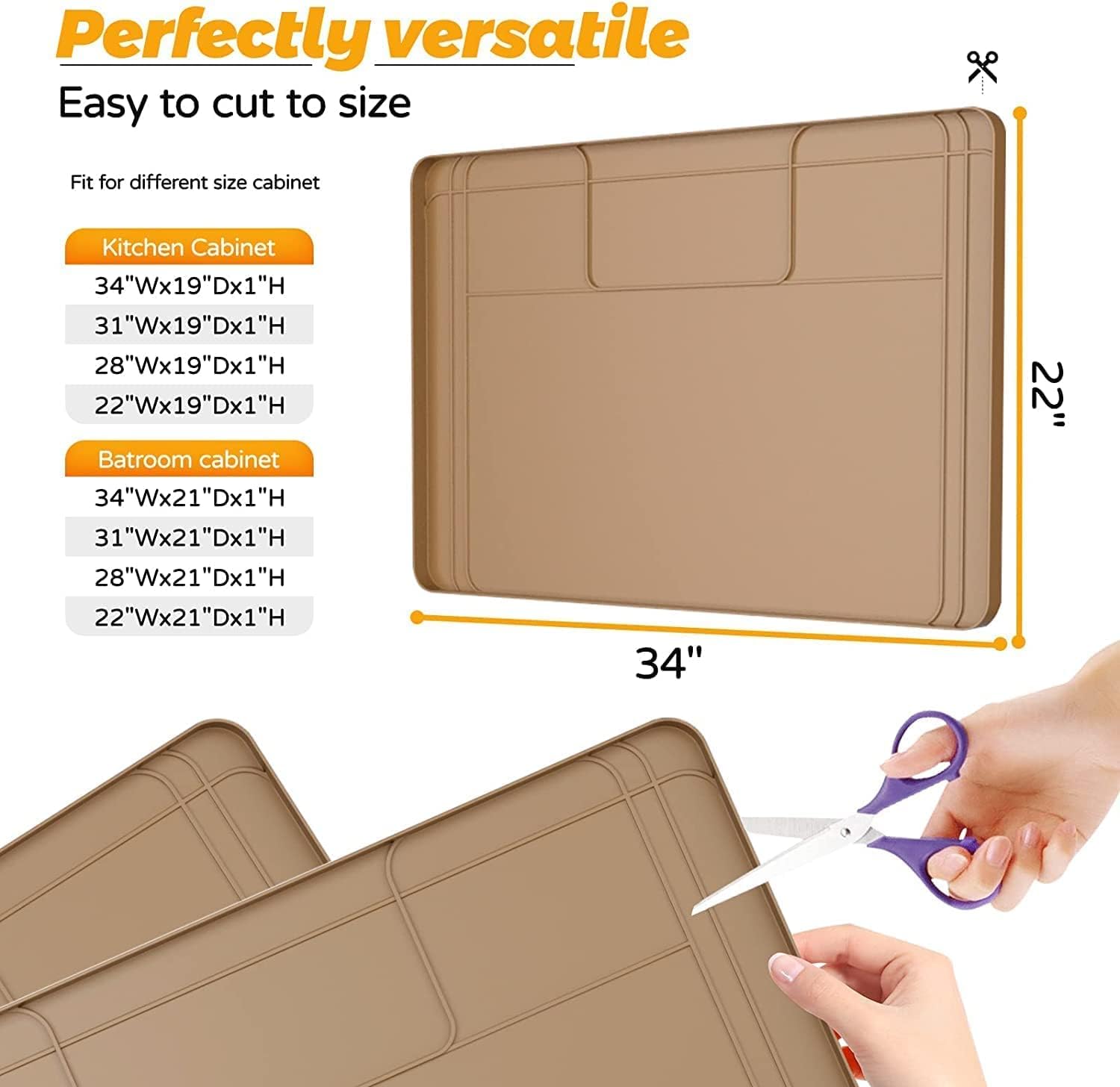 SKDKYCCO Under Sink Mat for Kitchen, 34'' x 21'' Silicone Under the Sink Mat, Water Proof Under Kitchen Bathroom Cabinet Sink Mat and Protector for Drips Leaks Spills, Brown