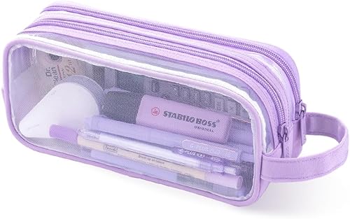 Miniatura 10 de Oyachic Estuche para lápices de 2 compartimentos de malla transparente para bolígrafos, bolsa de cosméticos para maquillaje, bolsa de cosméticos